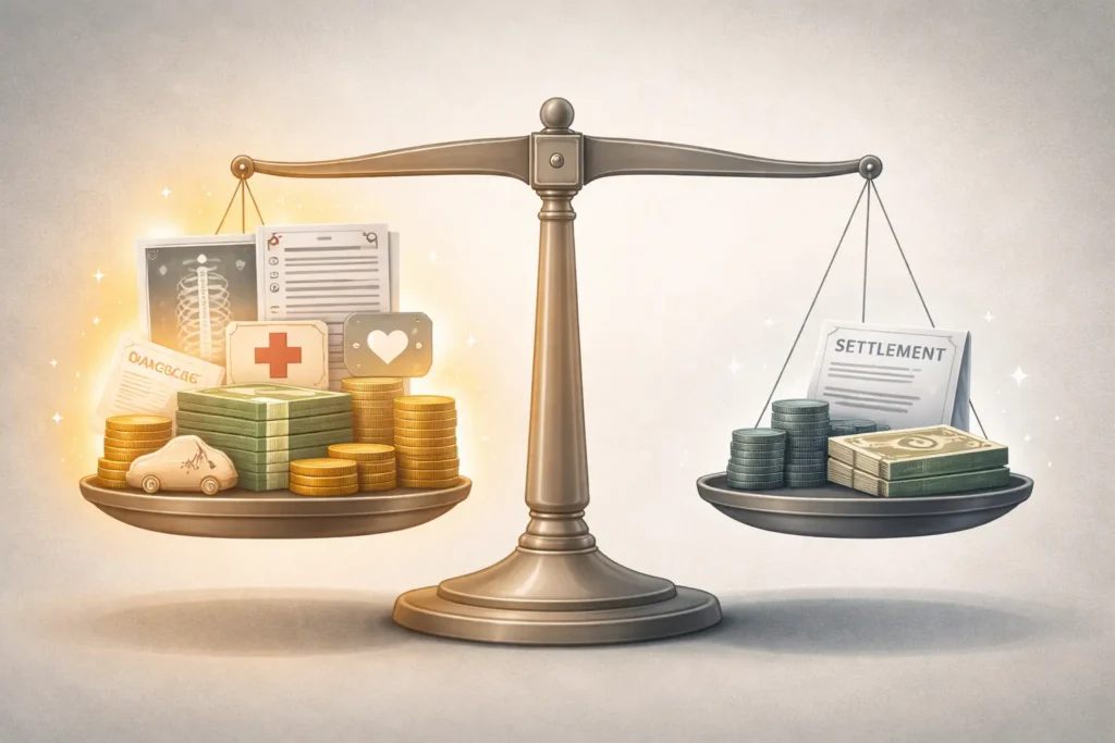 Comparison of full personal injury compensation versus low insurance settlement offer shown on balance scale