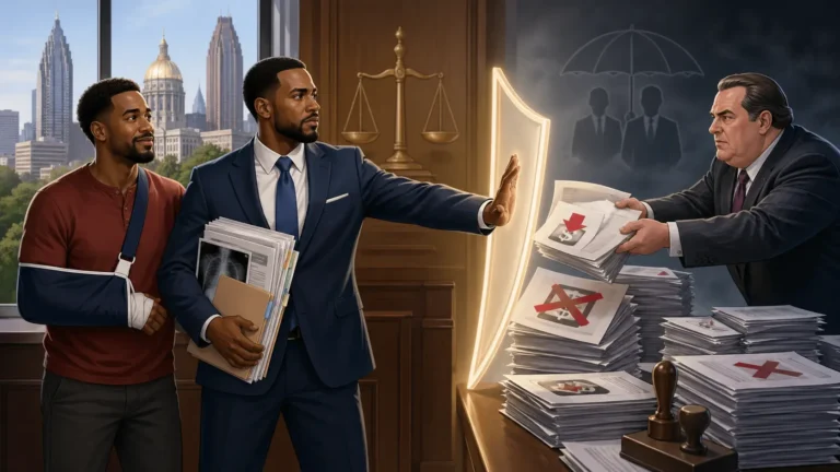 Atlanta injury lawyer protecting an injured client from insurance company pressure while holding medical records and claim evidence.