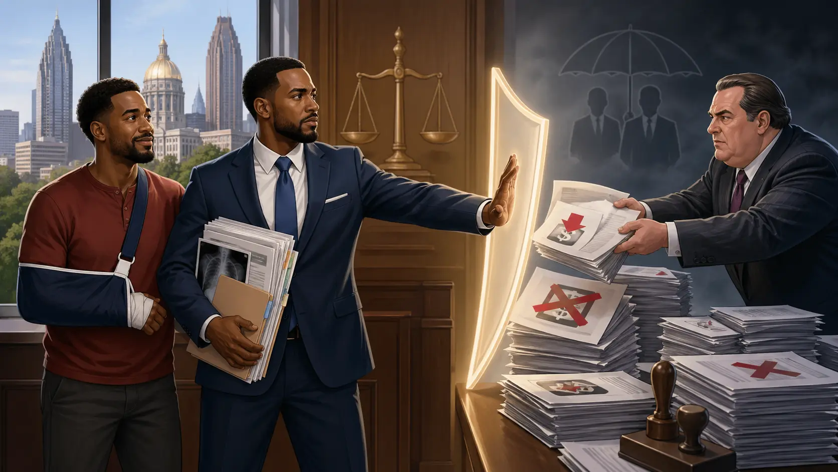 Atlanta injury lawyer protecting an injured client from insurance company pressure while holding medical records and claim evidence.