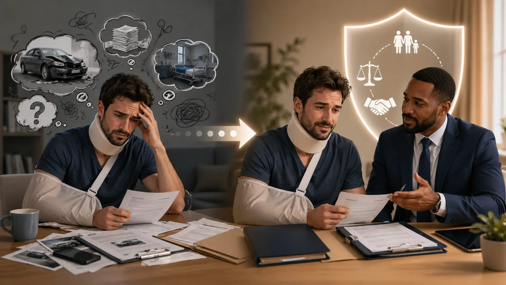 Injured accident victim reviewing medical and insurance documents while an Atlanta personal injury lawyer guides them from confusion to clarity.