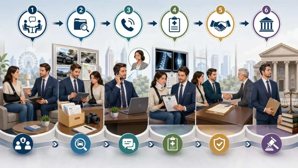 Step-by-step visual showing the client journey after hiring an Atlanta personal injury lawyer, from consultation to evidence, insurance, settlement, and lawsuit.