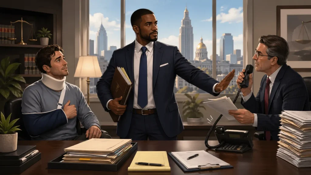 Atlanta personal injury lawyer protecting an injured client from insurance company pressure while handling claim forms and settlement documents.