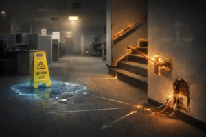 Indoor workplace environment showing unsafe conditions such as a wet floor, broken railing, exposed wiring, and poor lighting that may support a premises liability claim.