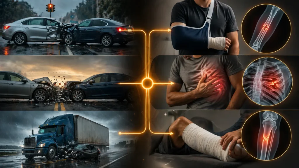 Common car accident causes in Atlanta including T-bone and truck crashes leading to broken bone injuries