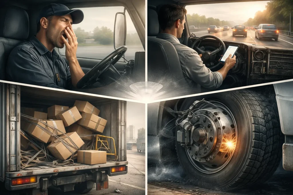 Split scene showing causes of fatal truck accidents including driver fatigue, distracted driving, cargo shifting, and brake failure