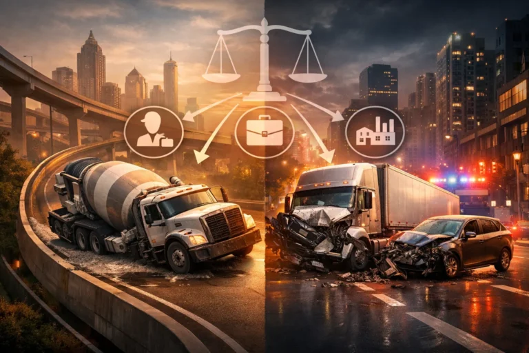 Cement and commercial truck accidents in Atlanta showing cement mixer rollover and 18-wheeler crash with liability elements