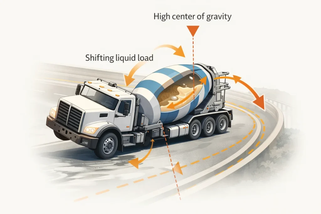 Cement mixer truck rollover risk diagram showing shifting load and high center of gravity on curved road