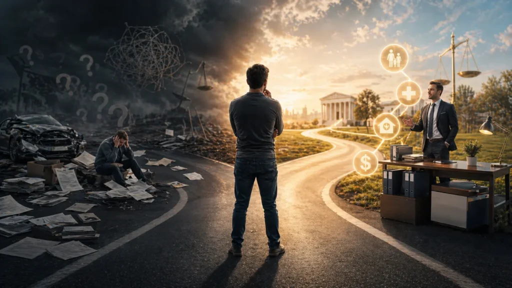 Person standing at crossroads choosing between confusion and a professional lawyer path leading to successful legal outcome