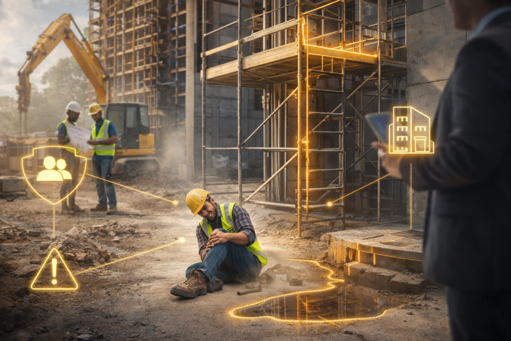 Construction worker injured near unsafe scaffolding with highlighted responsibility linked to the site owner, contractor, and equipment issues.