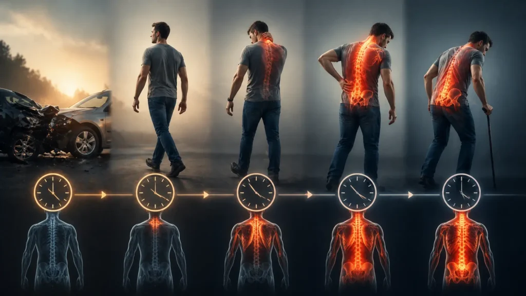 Timeline showing delayed symptoms of soft tissue injuries after a car accident with increasing neck and back pain over time