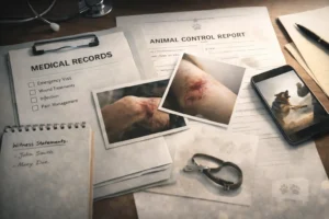 Dog bite claim evidence including medical records, injury photos, and investigation documents