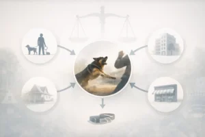 Diagram showing dog bite liability in Georgia including owner, landlord, and property owner responsibility