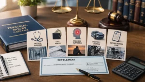 Personal injury compensation breakdown after a DoorDash delivery accident including medical expenses, lost wages, pain and suffering, property damage, and settlement