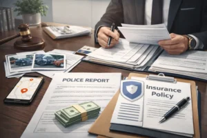 Lawyer reviewing accident investigation evidence including police report, medical records, accident photos, insurance documents, and delivery app records