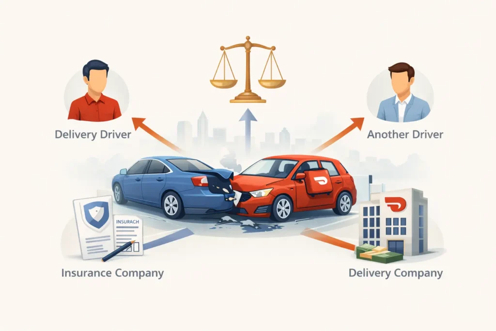 Liability diagram showing responsibility in a DoorDash delivery accident including delivery driver, other driver, insurance company, and delivery company