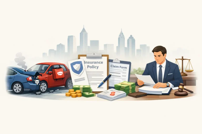 DoorDash delivery accident claim process showing accident scene, insurance claim paperwork, lawyer review, and settlement compensation in Atlanta
