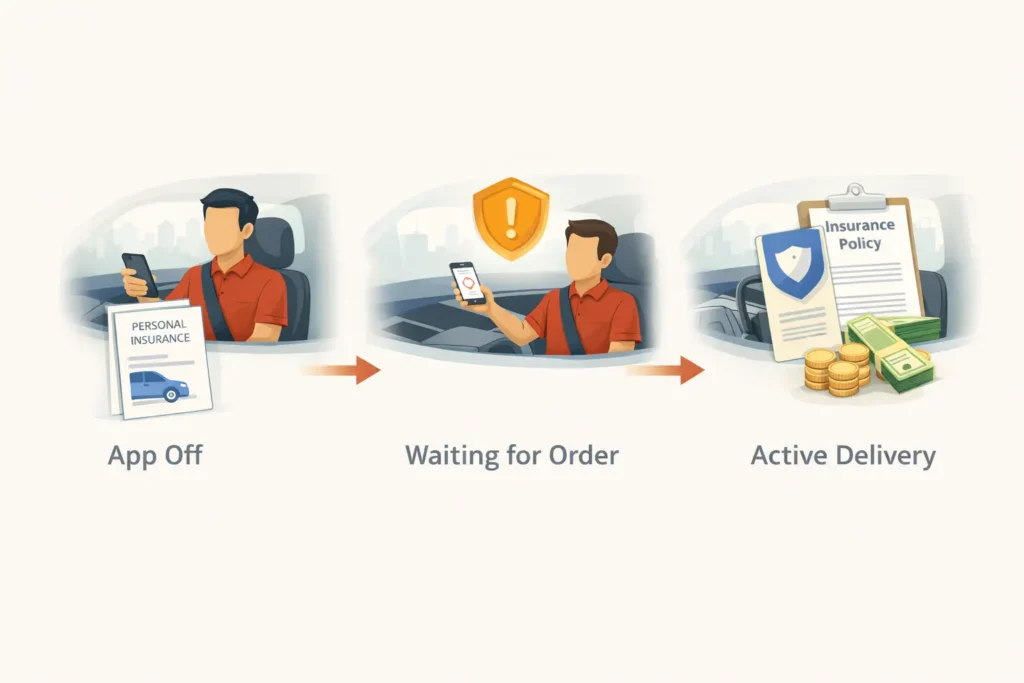 DoorDash insurance coverage phases showing app off personal insurance, waiting for order limited coverage, and active delivery commercial insurance coverage