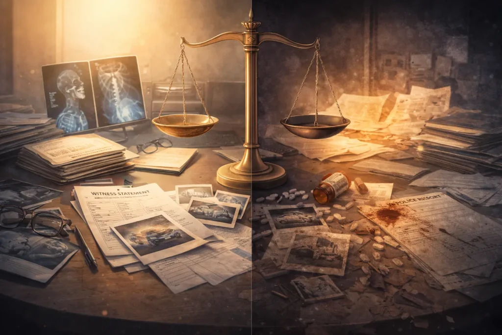 Split scene showing organized evidence versus damaged scattered documents highlighting importance of early action in personal injury cases.