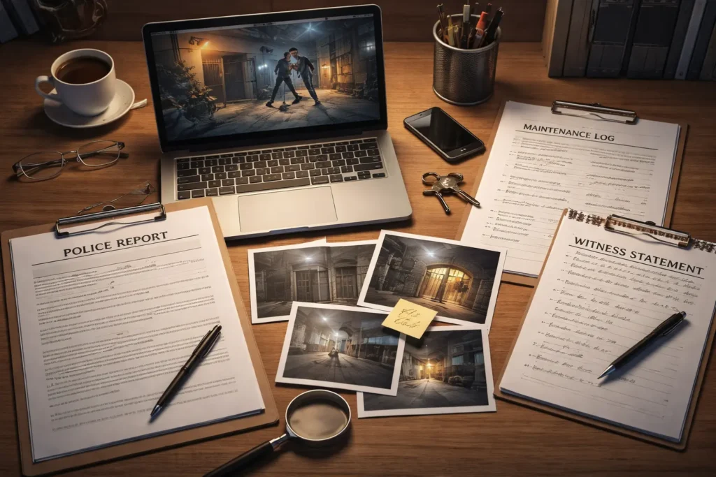 Investigation desk with police reports, surveillance footage, maintenance logs, and witness statements for negligent security case