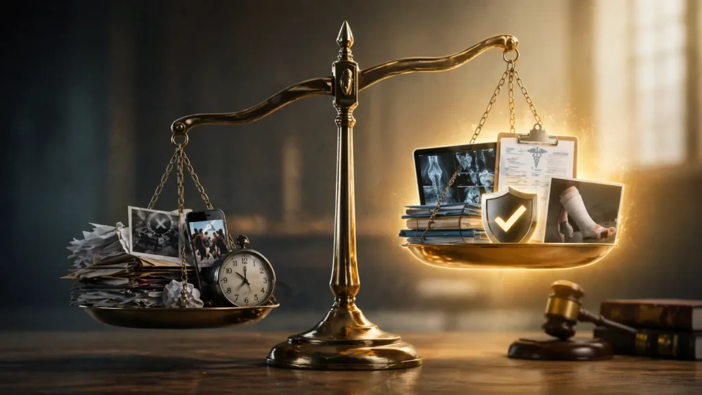Balanced scale showing factors that increase or decrease pain and suffering compensation in Georgia personal injury cases including evidence strength and treatment delays