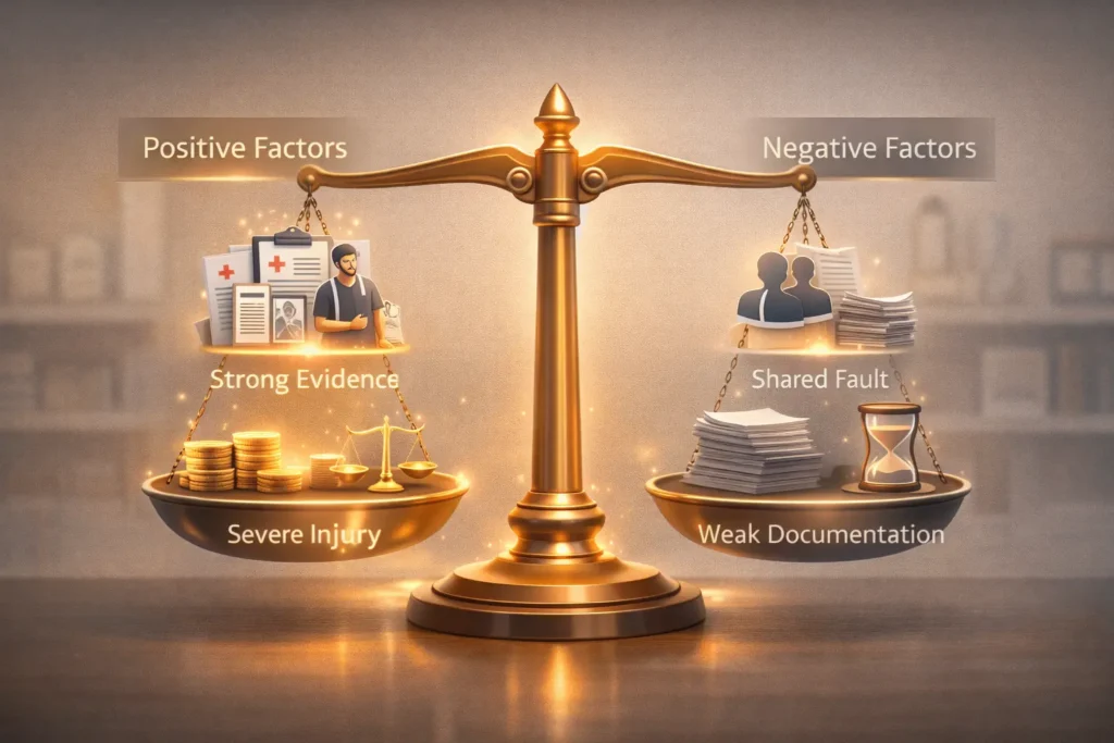 Illustration showing factors affecting injury settlement value including strong evidence, liability, and shared fault