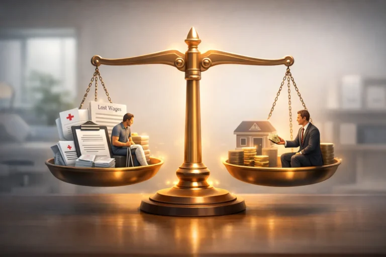 Fair personal injury settlement illustration showing balance between medical costs, lost income, and insurance offer
