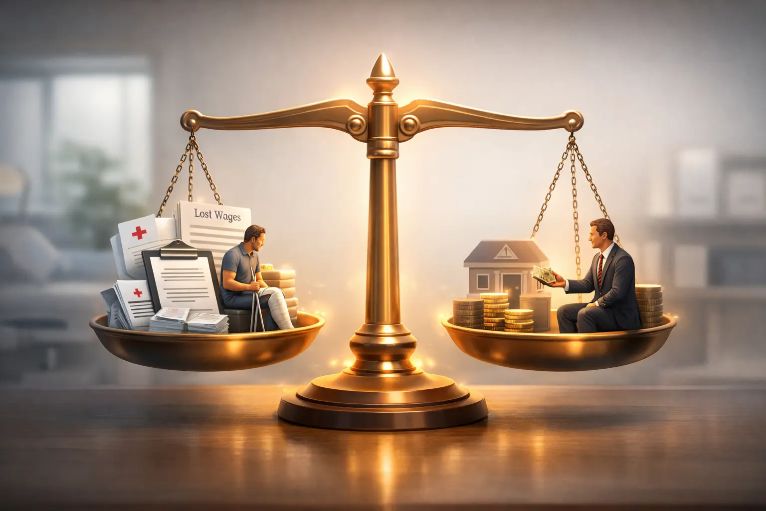 Fair personal injury settlement illustration showing balance between medical costs, lost income, and insurance offer