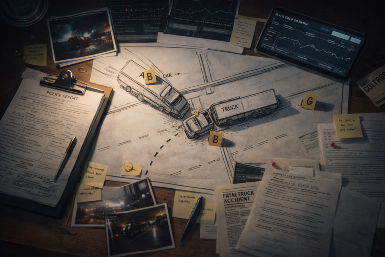 Fatal truck accident in Georgia investigation scene showing crash diagram, police report, and black box data analysis