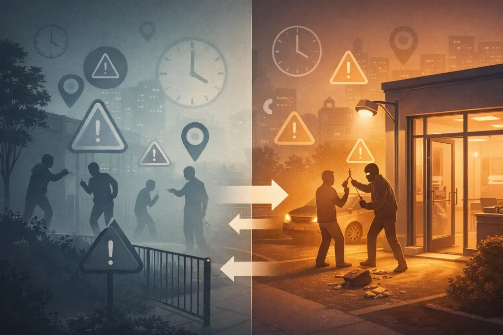 Visual representation of foreseeability in negligent security showing repeated past incidents leading to a current crime