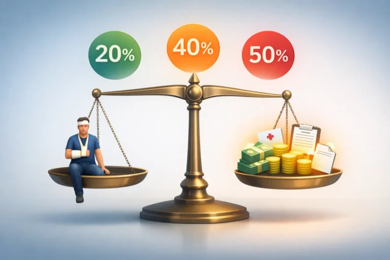 Georgia modified comparative fault rule showing how fault percentage reduces personal injury compensation using a balance scale