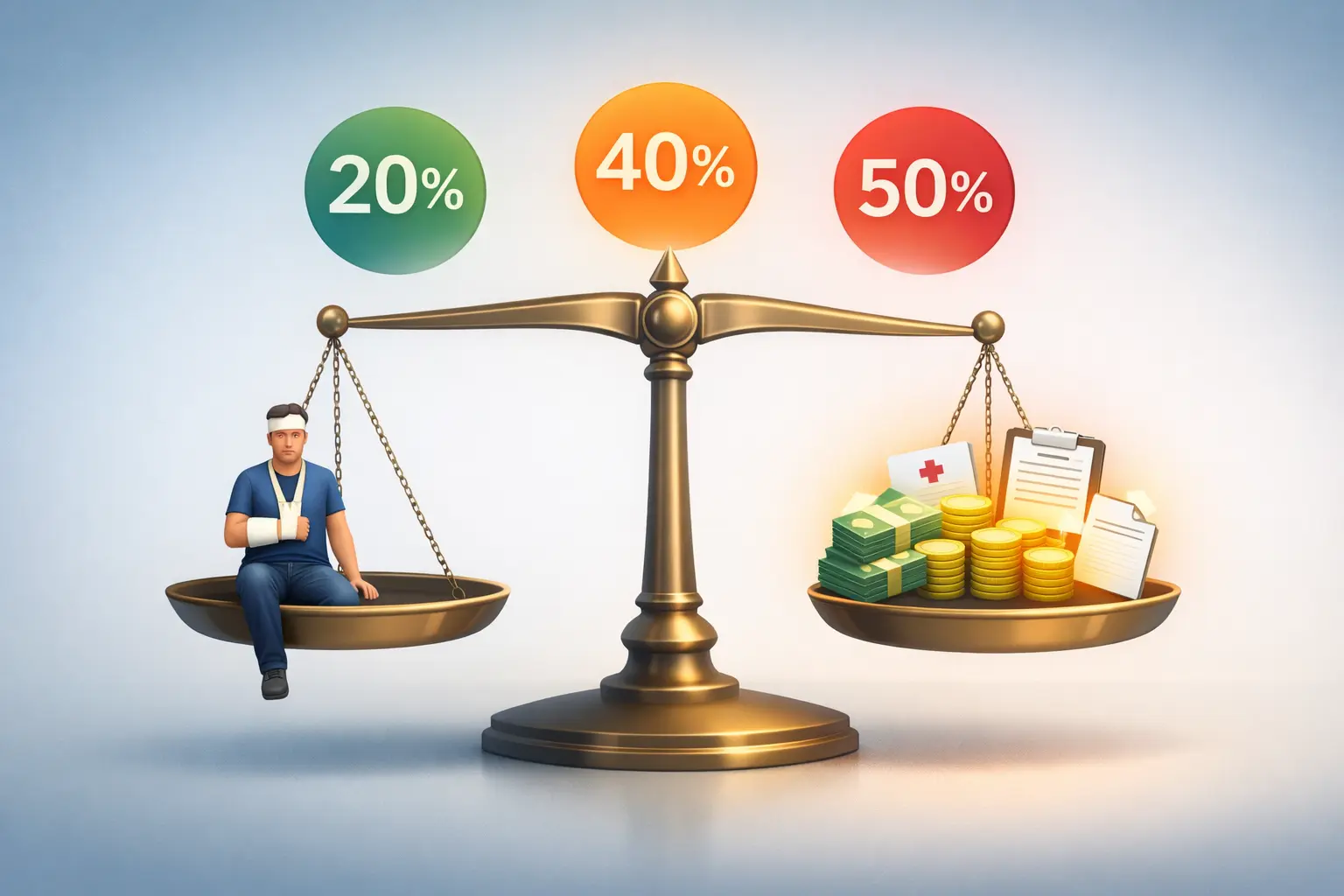 Georgia modified comparative fault rule showing how fault percentage reduces personal injury compensation using a balance scale