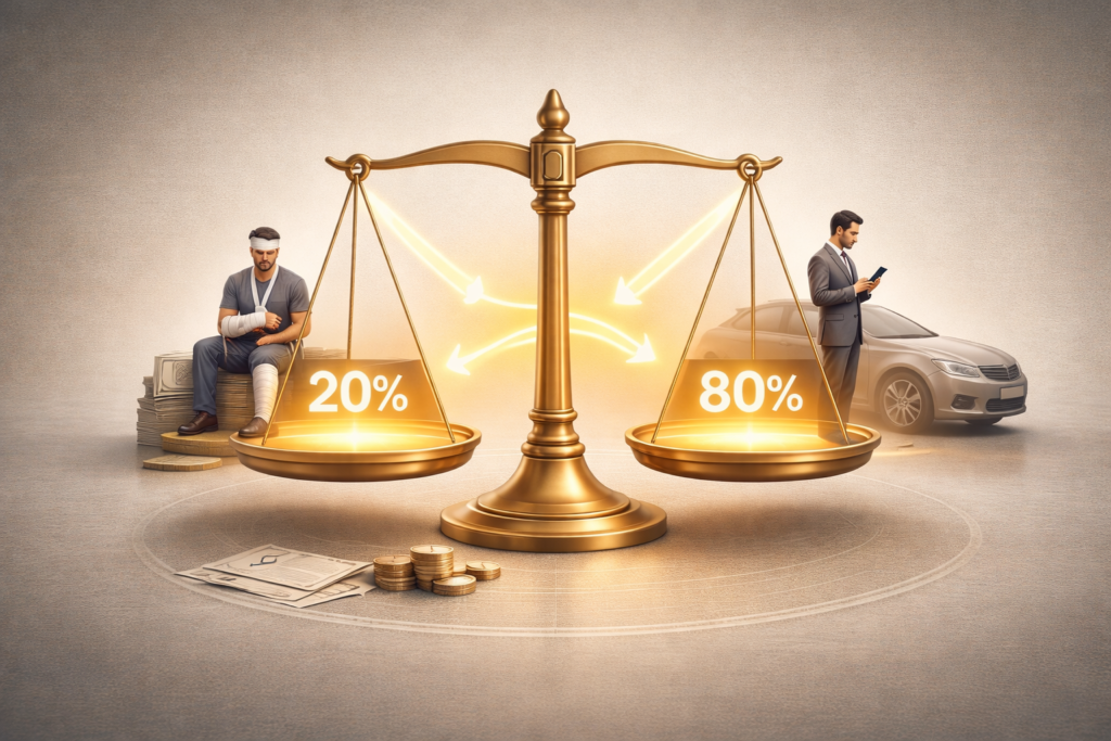 Balanced scale showing comparative fault in Georgia with injured person and opposing party representing percentage liability in a negligence claim
