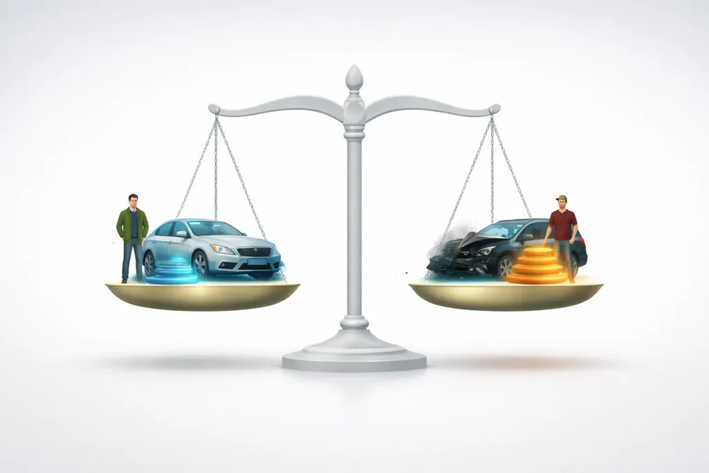 Illustration showing shared fault in a car accident using balance scale representing comparative negligence in Georgia