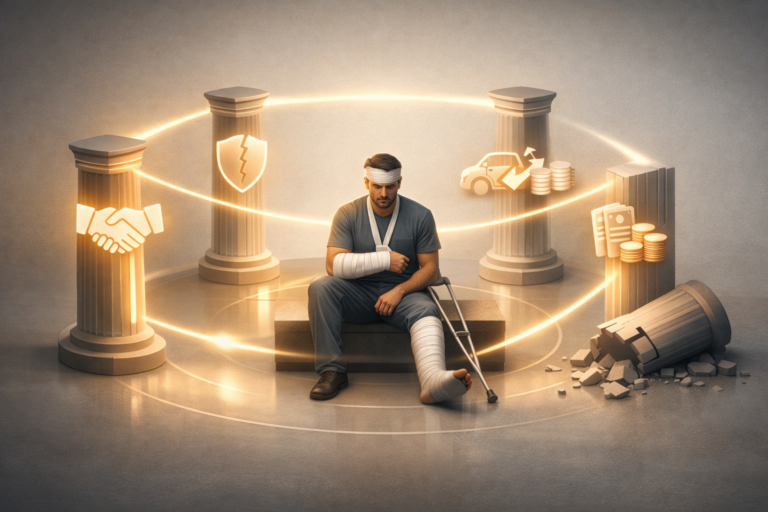 Conceptual illustration showing four elements of negligence in Georgia law including duty of care breach causation and damages surrounding an injured person