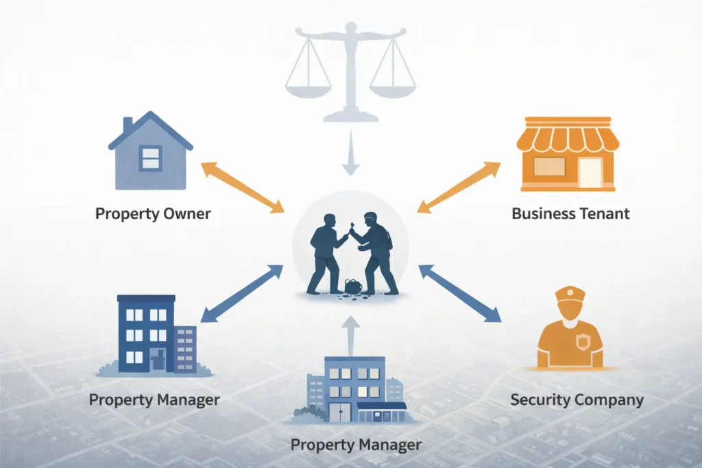 Map-style illustration showing high-risk locations like apartments, hotels, parking garages, and nightclubs