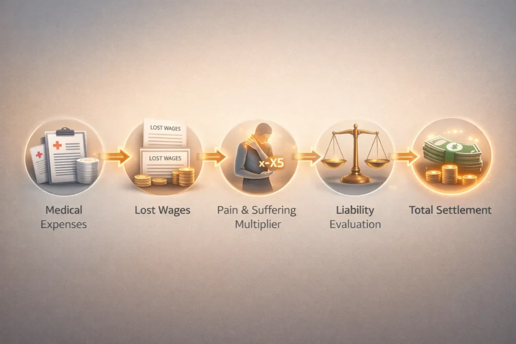 Step-by-step personal injury settlement calculation including medical expenses, lost wages, pain and suffering, and liability