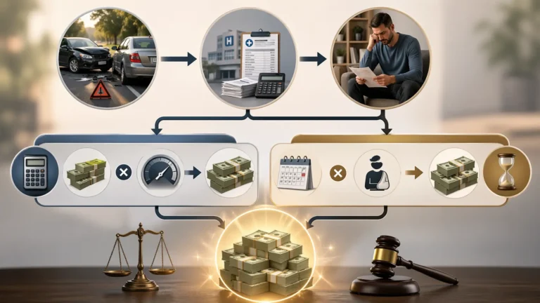 Illustration showing how Georgia courts calculate pain and suffering damages using multiplier and per diem methods with accident, medical bills, and compensation flow