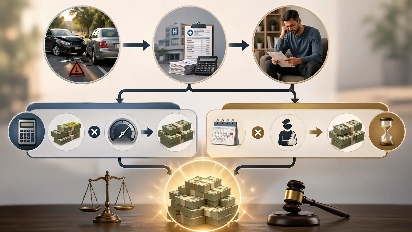 Illustration showing how Georgia courts calculate pain and suffering damages using multiplier and per diem methods with accident, medical bills, and compensation flow