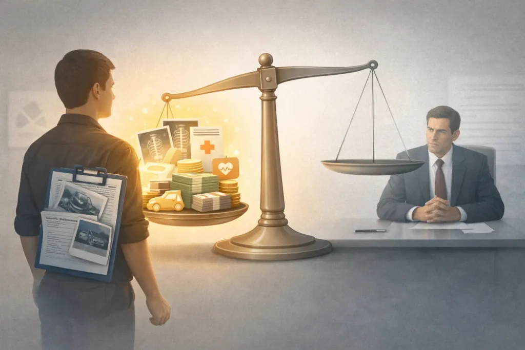 Injury victim with strong evidence gaining advantage over insurance company with justice scale representing fair compensation