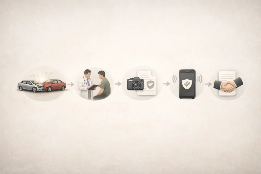 Step by step insurance claim process after an accident including medical treatment, evidence collection, and settlement