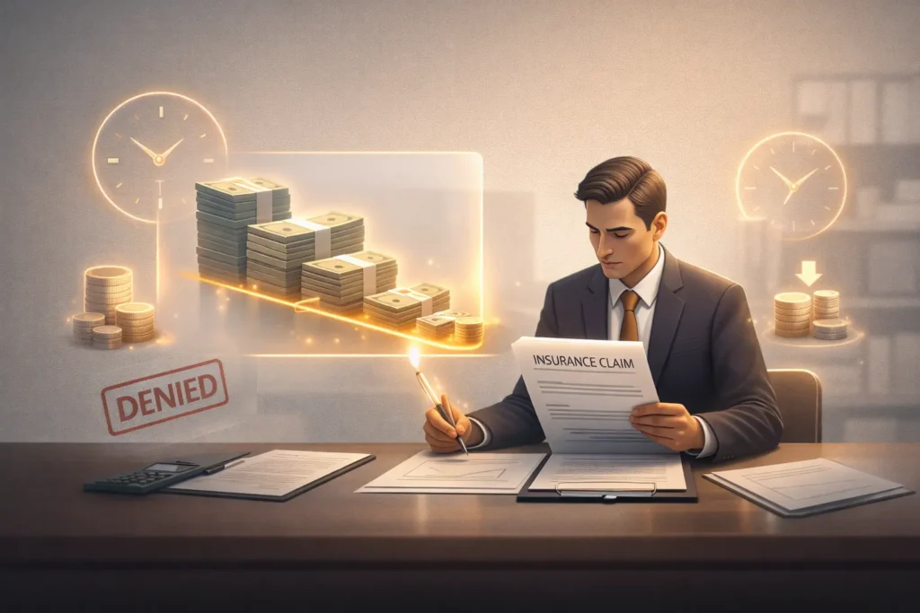 Insurance adjuster reducing claim value with delay tactics and low settlement offer illustration