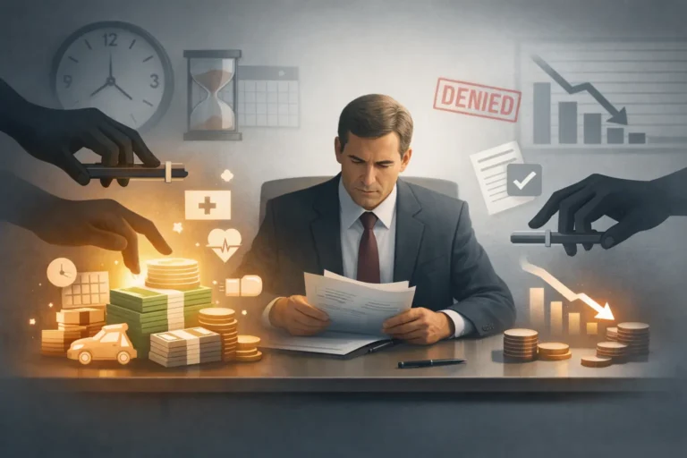 Insurance adjuster reviewing injury claim while reducing compensation value using delay tactics and minimized settlement strategies