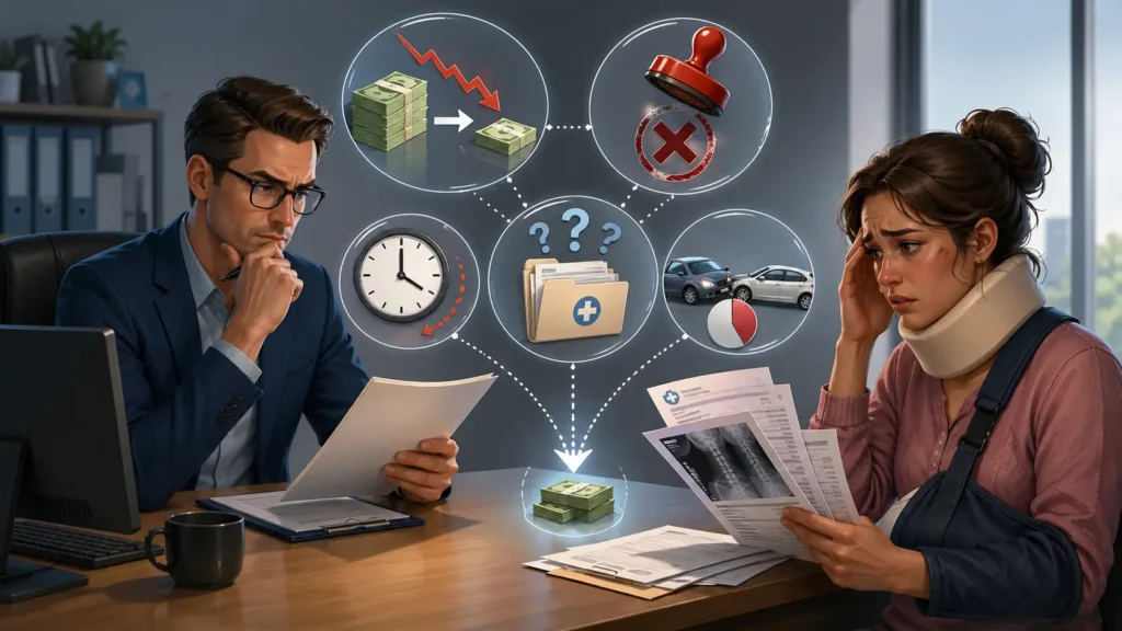 Insurance adjuster reviewing an injury claim with symbols of reduced compensation, delays, denial, medical questions, and partial fault.