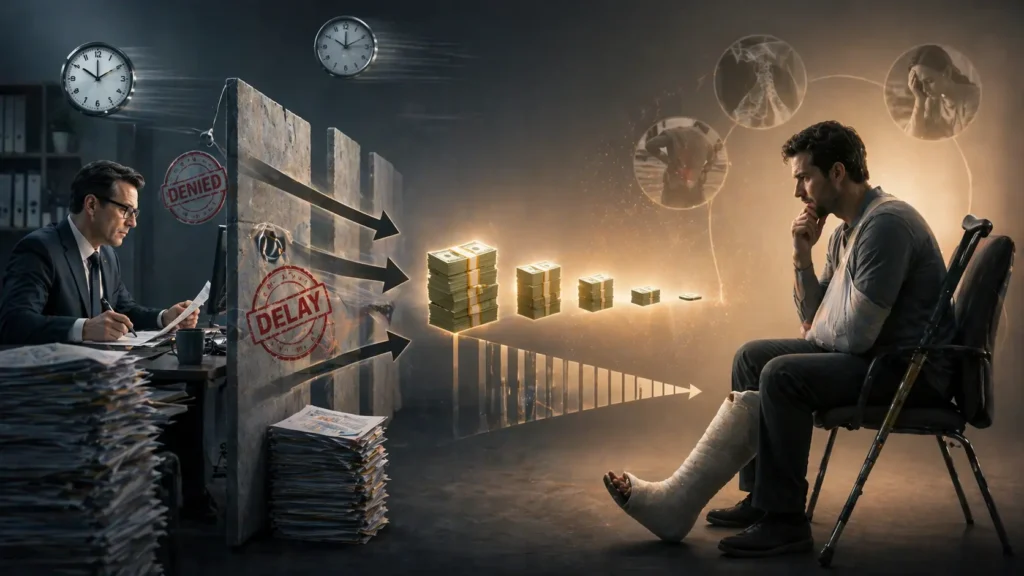 Conceptual image showing insurance company reducing injury compensation through delays, denials, and tactics that lower pain and suffering damages