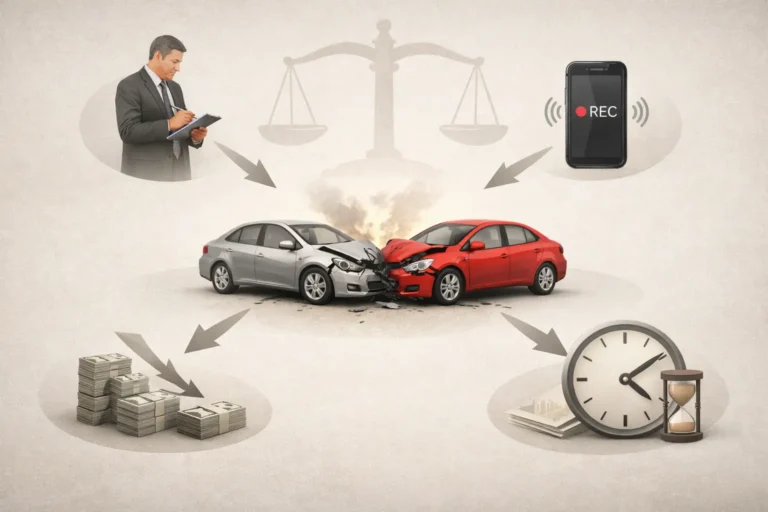 Insurance company tactics after an accident showing adjuster, recorded statement, delayed process, and reduced settlement value