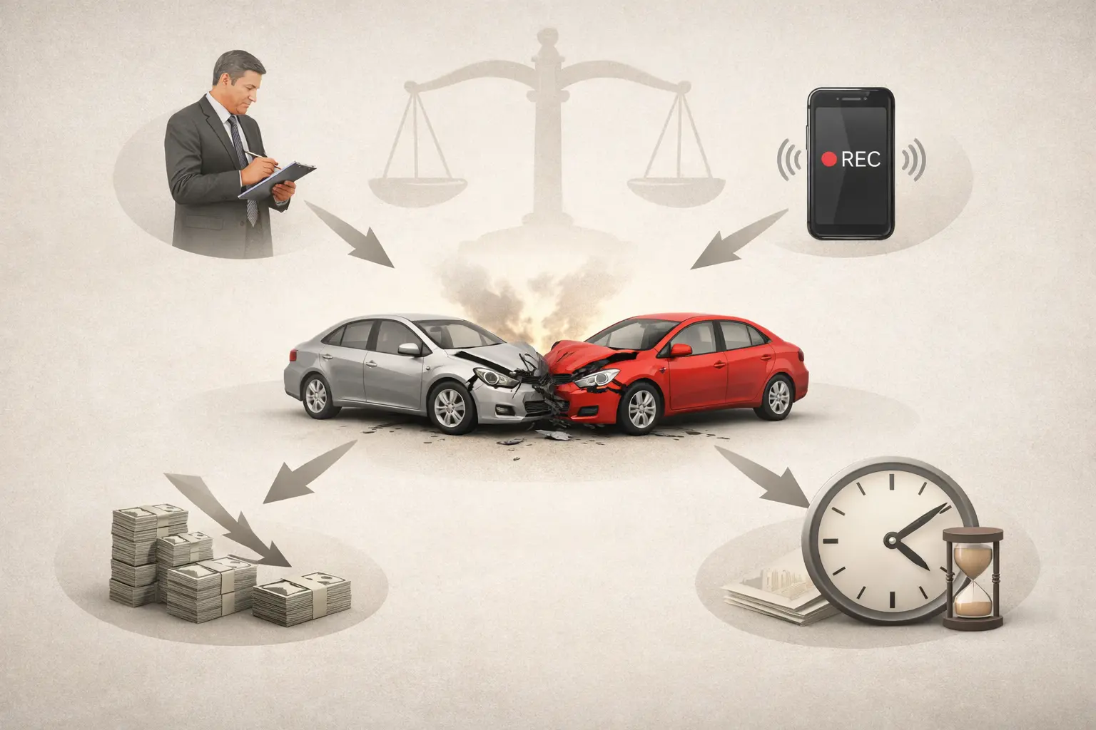 Insurance company tactics after an accident showing adjuster, recorded statement, delayed process, and reduced settlement value