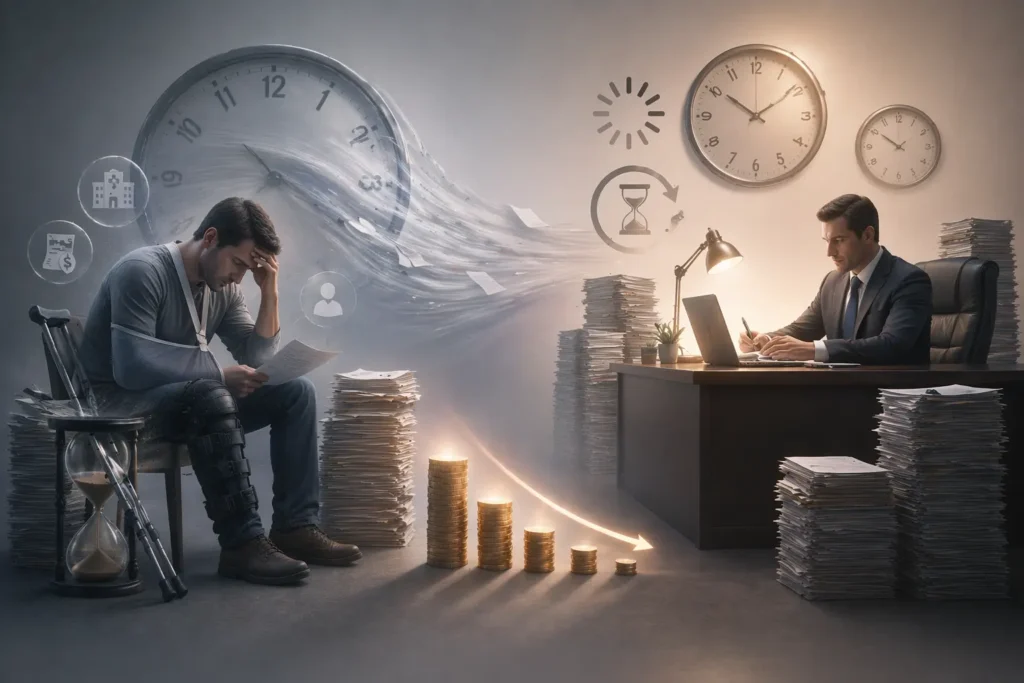 Insurance adjuster delaying claim with clocks paperwork and pressure on accident victim showing reduced compensation over time in Atlanta rideshare cases