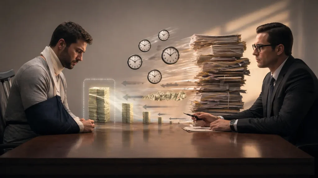 Injured victim facing insurance adjuster with pressure tactics like delays and low settlement offers reducing compensation value in injury claim