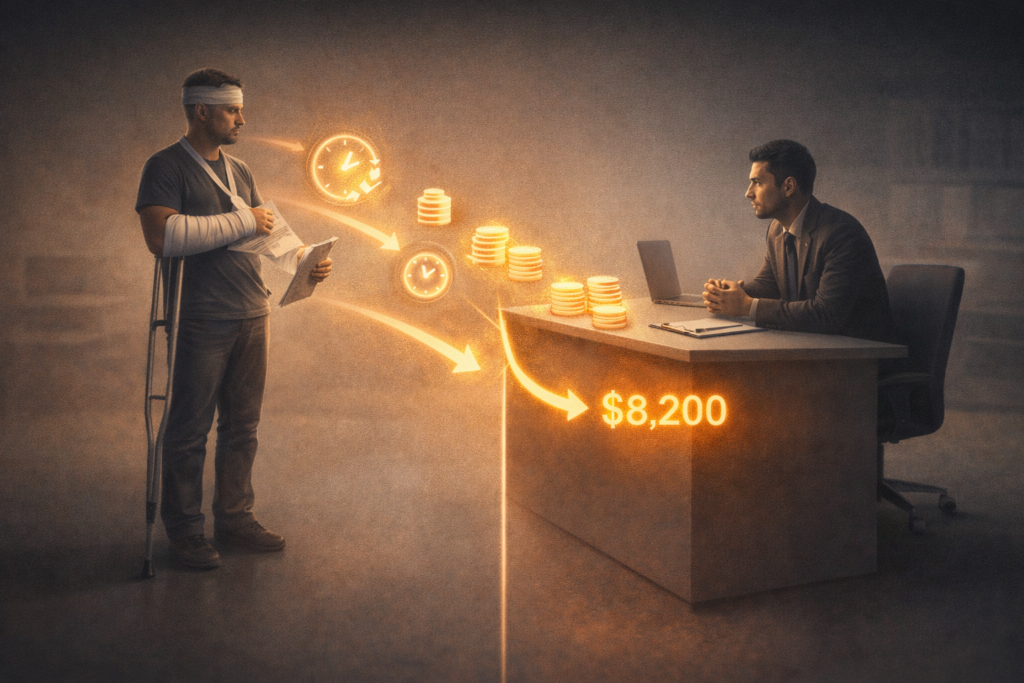 Conceptual scene showing insurance adjuster reducing compensation value while injured person holds documents illustrating claim pressure and settlement tactics