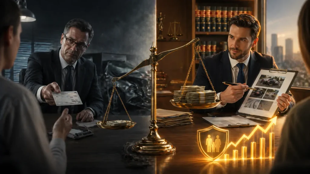 Split scene showing insurance adjuster offering low settlement versus lawyer presenting strong evidence leading to higher compensation